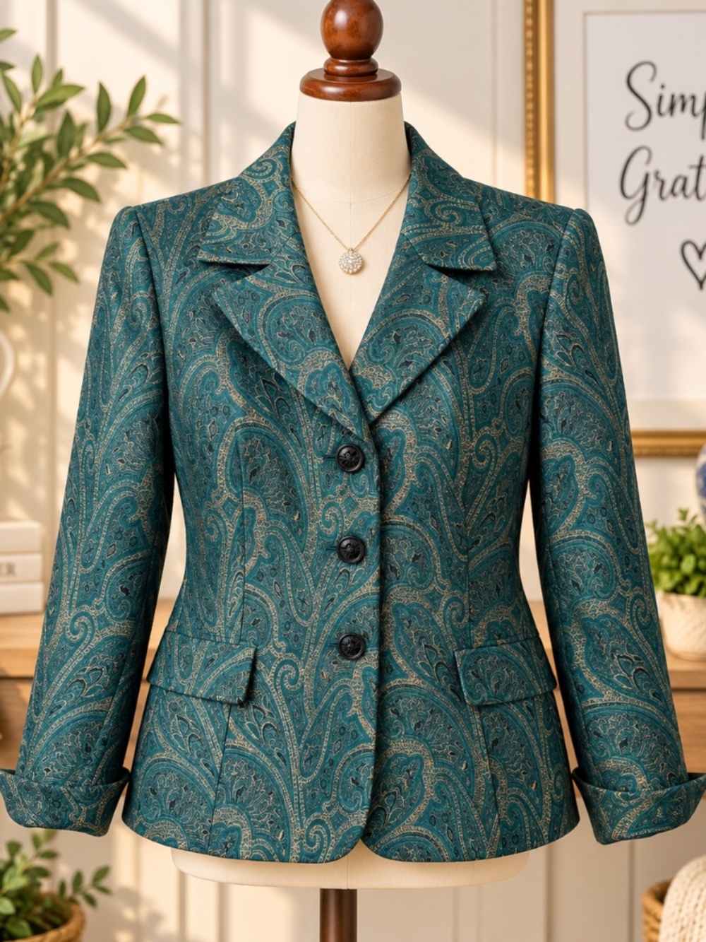 Le Suit Petite 8P Teal Paisley Jacquard Blazer Jacket